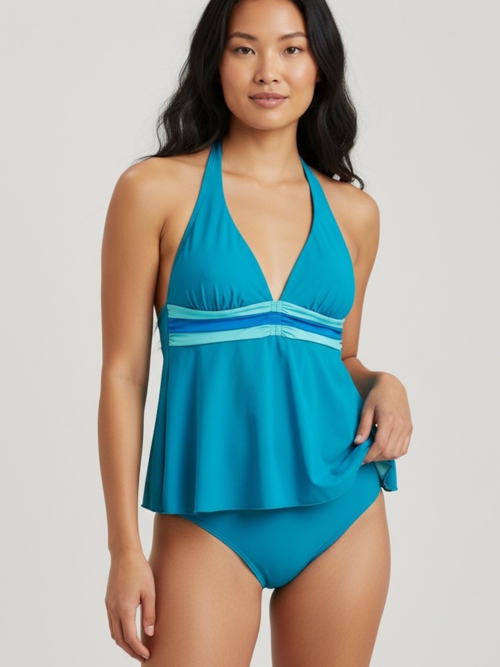 SPANX Swimdress One Piece Swimsuit Size 10 Tummy Control Halter Aqua Blue